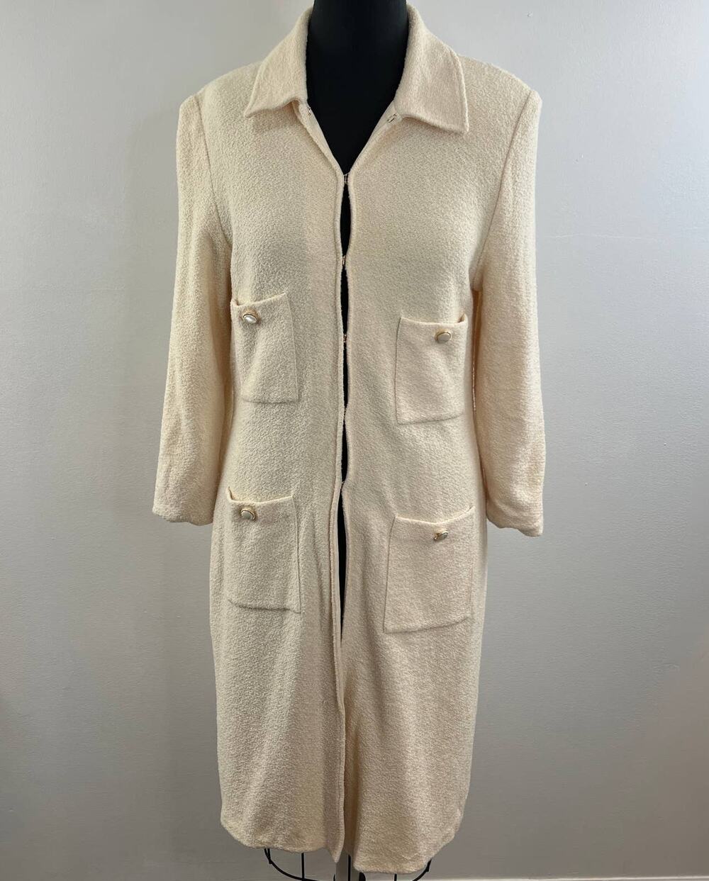 VINTAGE St John Cream Long Line Duster Wool Four Pocket Sweater Coat 10 FLAW VTG